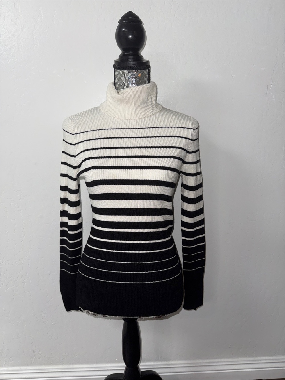 White House Black Market Black & White Striped Turtleneck Sweater